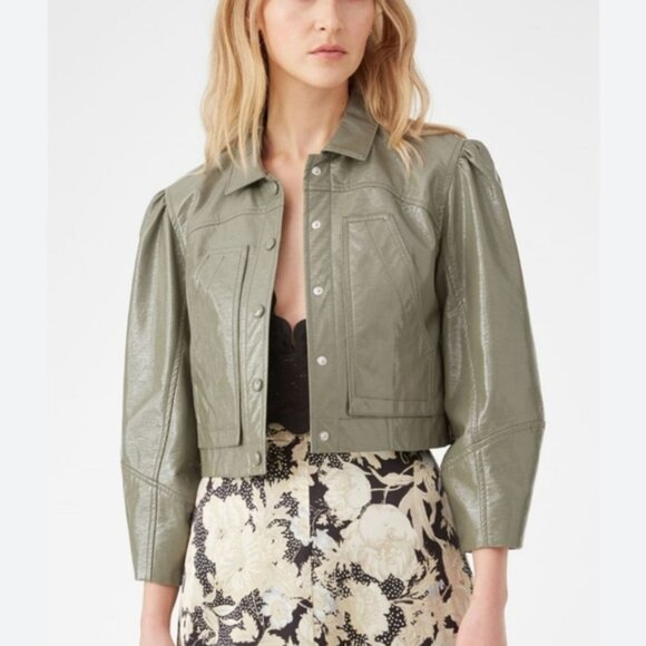 Rebecca Taylor Vegan Leather Cropped Jacket Olive Green Size 0 - Picture 1 of 9